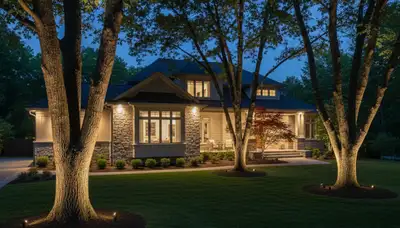 Tree uplighting highlighting mature oaks with landscape lighting in Columbia, SC by Chop Chop Landscaping