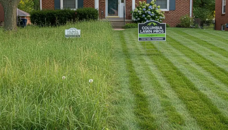 Before and after lawn mowing showing overgrown vs. trimmed grass by Chop Chop Landscaping in Columbia, SC