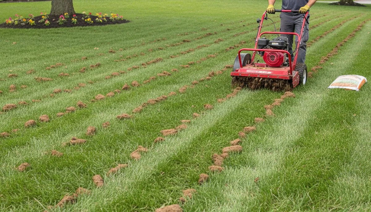 Professional core aeration on residential lawn in Columbia, SC improving soil health and lawn growth