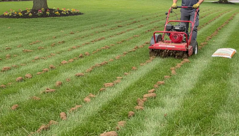 Professional core aeration on residential lawn in Columbia, SC improving soil health and lawn growth