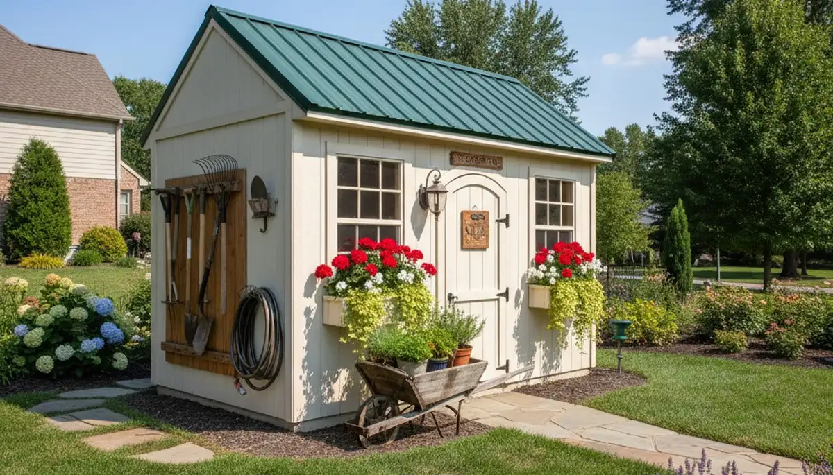 Decorative garden shed installation in Columbia SC enhancing landscape design by Chop Chop Landscaping