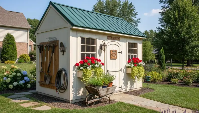 Decorative garden shed installation in Columbia SC enhancing landscape design by Chop Chop Landscaping