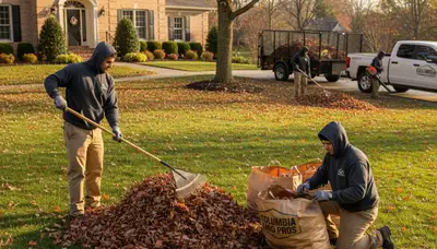 Technicians raking and bagging fall leaves during yard clean up in Columbia, SC residential lawn