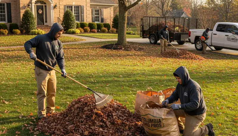 Technicians raking and bagging fall leaves during yard clean up in Columbia, SC residential lawn