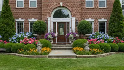 Front yard landscaping design with colorful plants and shrubs in Columbia, SC by Chop Chop Landscaping