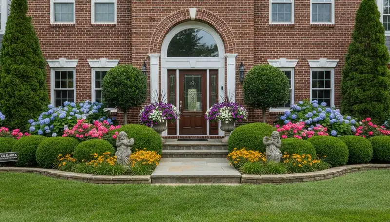 Front yard landscaping design with colorful plants and shrubs in Columbia, SC by Chop Chop Landscaping