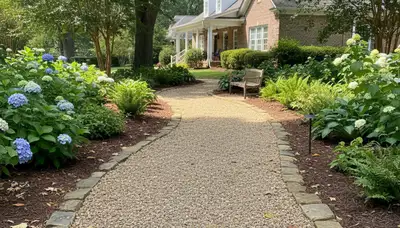 Pea gravel garden path with clean edging and drainage by Chop Chop Landscaping in Columbia, SC