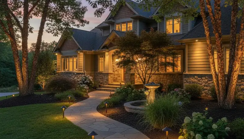 Landscape lighting at dusk highlighting walkways and plants in Columbia, SC by Chop Chop Landscaping