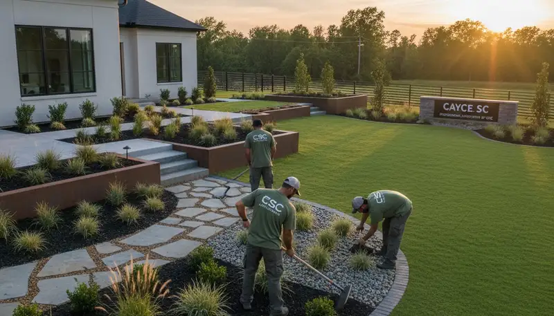 Landscaping crew providing lawn care services in Columbia, SC