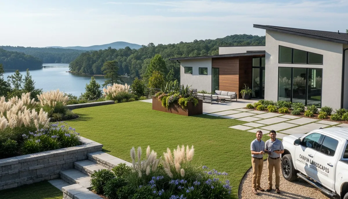 Landscaping crew providing lawn service in Columbia, SC for a residential property