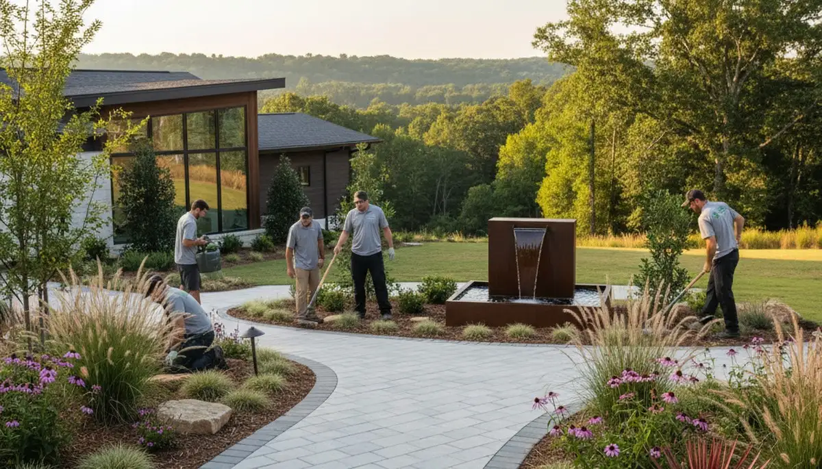 Landscaping crew servicing lawns in Columbia, SC