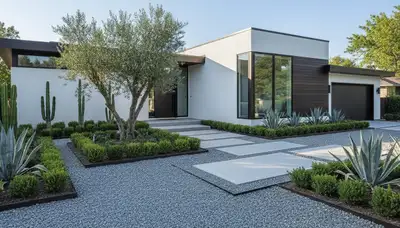 Modern minimalist pea gravel landscape design in Columbia SC with clean lines and architectural plants