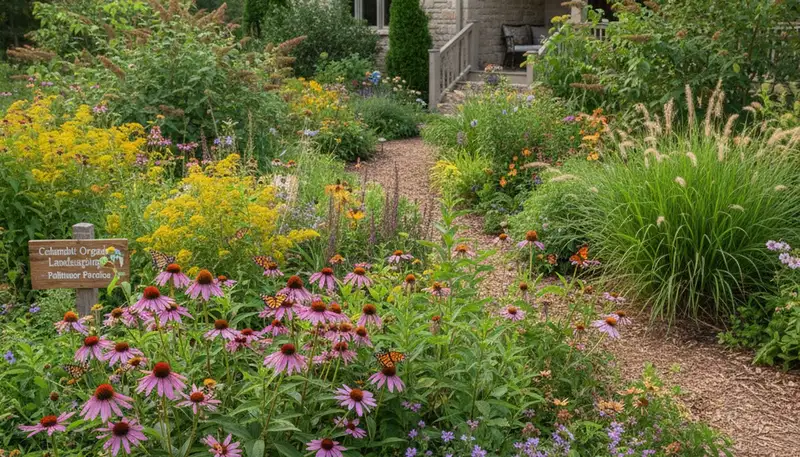 Native pollinator garden with bee-friendly flowers and butterflies by organic landscapers in Columbia, SC