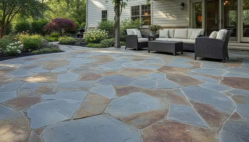 Flagstone patio with natural slate pavers expertly installed by landscaping professionals in Columbia, SC