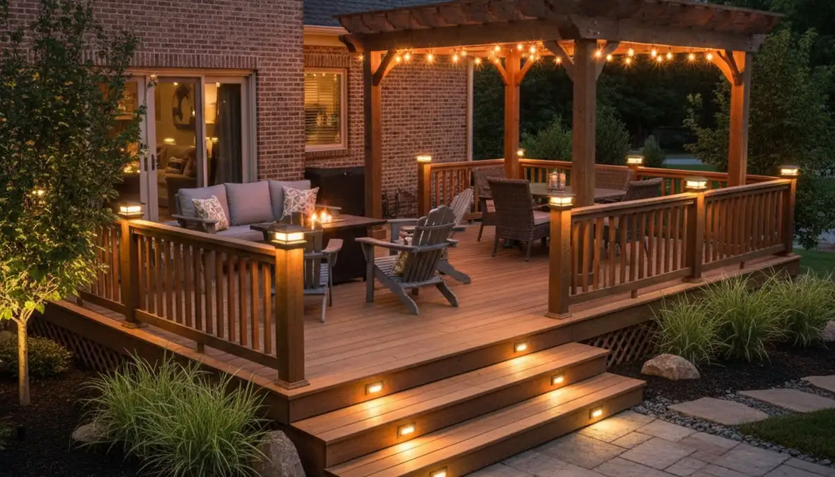Illuminated deck and patio with post cap and step lights by Chop Chop Landscaping in Columbia, SC