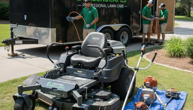 Commercial lawn mowing equipment setup for professional landscaping services in Columbia, SC