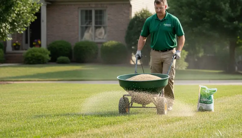 Lawn care technician spreading fertilizer evenly on residential lawn in Columbia, SC