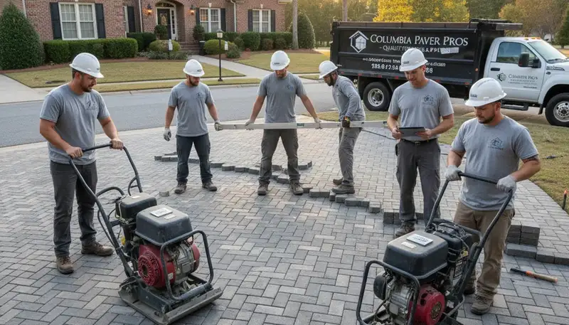Technicians installing driveway pavers in Columbia, SC for Chop Chop Landscaping driveway project