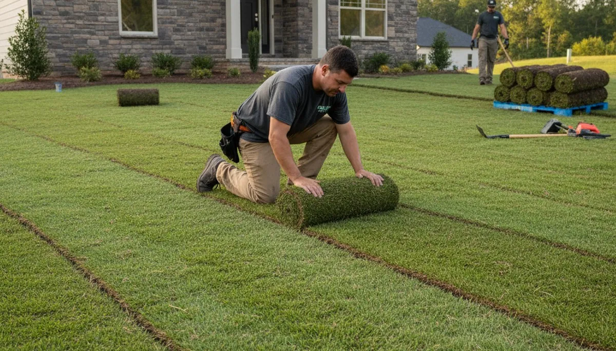 Professional landscaper installing fresh sod rolls with precision in Columbia, SC lawn renovation project