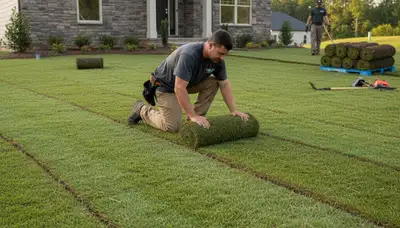 Professional landscaper installing fresh sod rolls with precision in Columbia, SC lawn renovation project