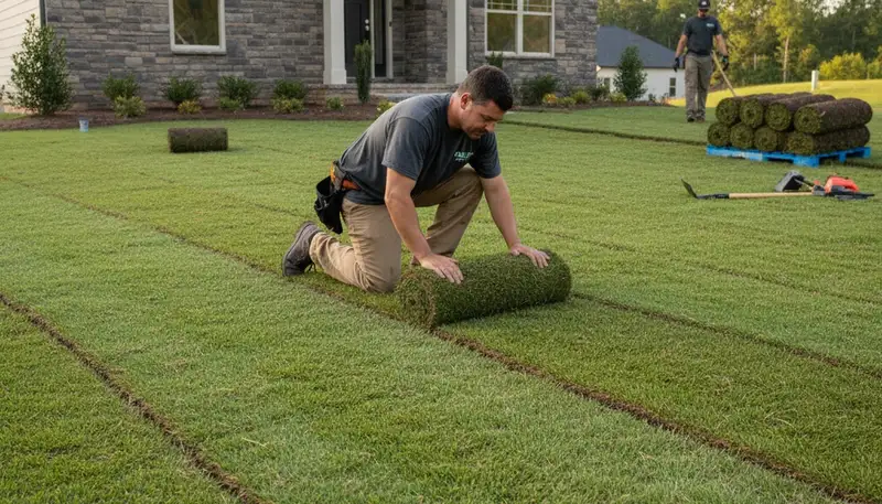 Professional landscaper installing fresh sod rolls with precision in Columbia, SC lawn renovation project