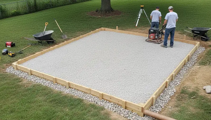 Professional shed foundation preparation with gravel base by landscapers in Columbia, SC