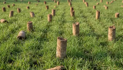 Close-up of soil core plugs from lawn aeration in Columbia, SC by Chop Chop Landscaping