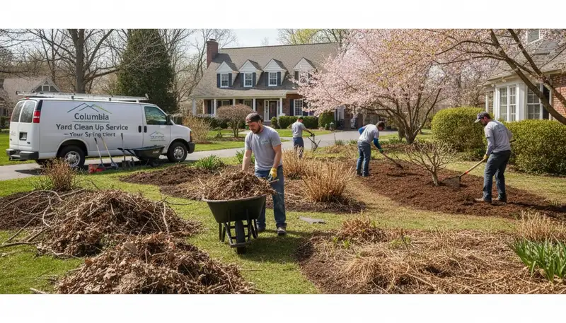 Landscapers performing spring yard clean up and debris removal in Columbia, SC