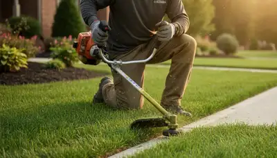 Technician edging Columbia SC lawn with string trimmer for precise, professional landscaping finish