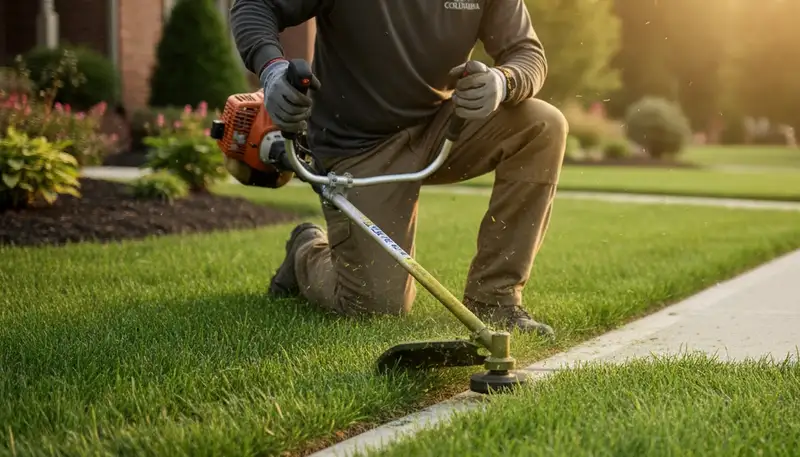 Technician edging Columbia SC lawn with string trimmer for precise, professional landscaping finish