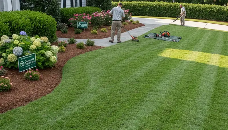 Pristine residential lawn in Columbia SC with manicured grass and clean edges by Chop Chop Landscaping
